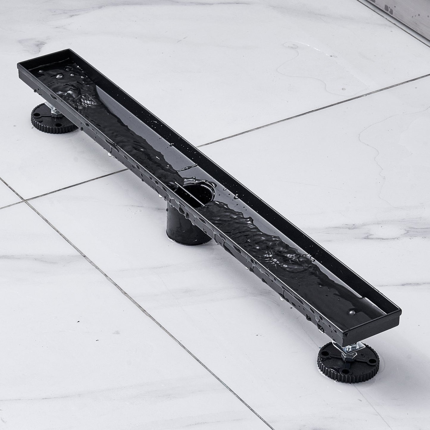 610 mm Linear Shower Drain Offset with Tile Insert Cover, Brushed 304 Stainless Steel Rectangle Shower Floor Drain, Elegant Linear Drain with Hair Strainer, Black