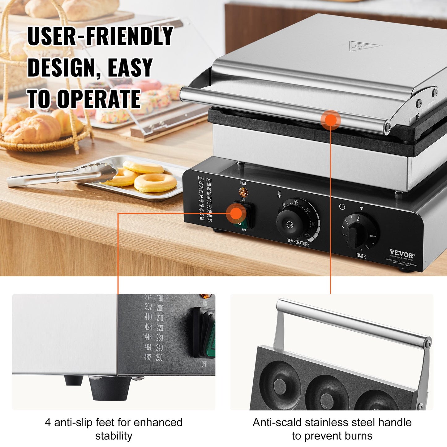 Elektrisk munkmaskin, 2000 W kommersiell munkmaskin med non-stick yta, 9 hål dubbelsidig uppvärmningsvåffelmaskin gör 9 munkar, temperatur 50-300 ℃, för restaurang och hemmabruk