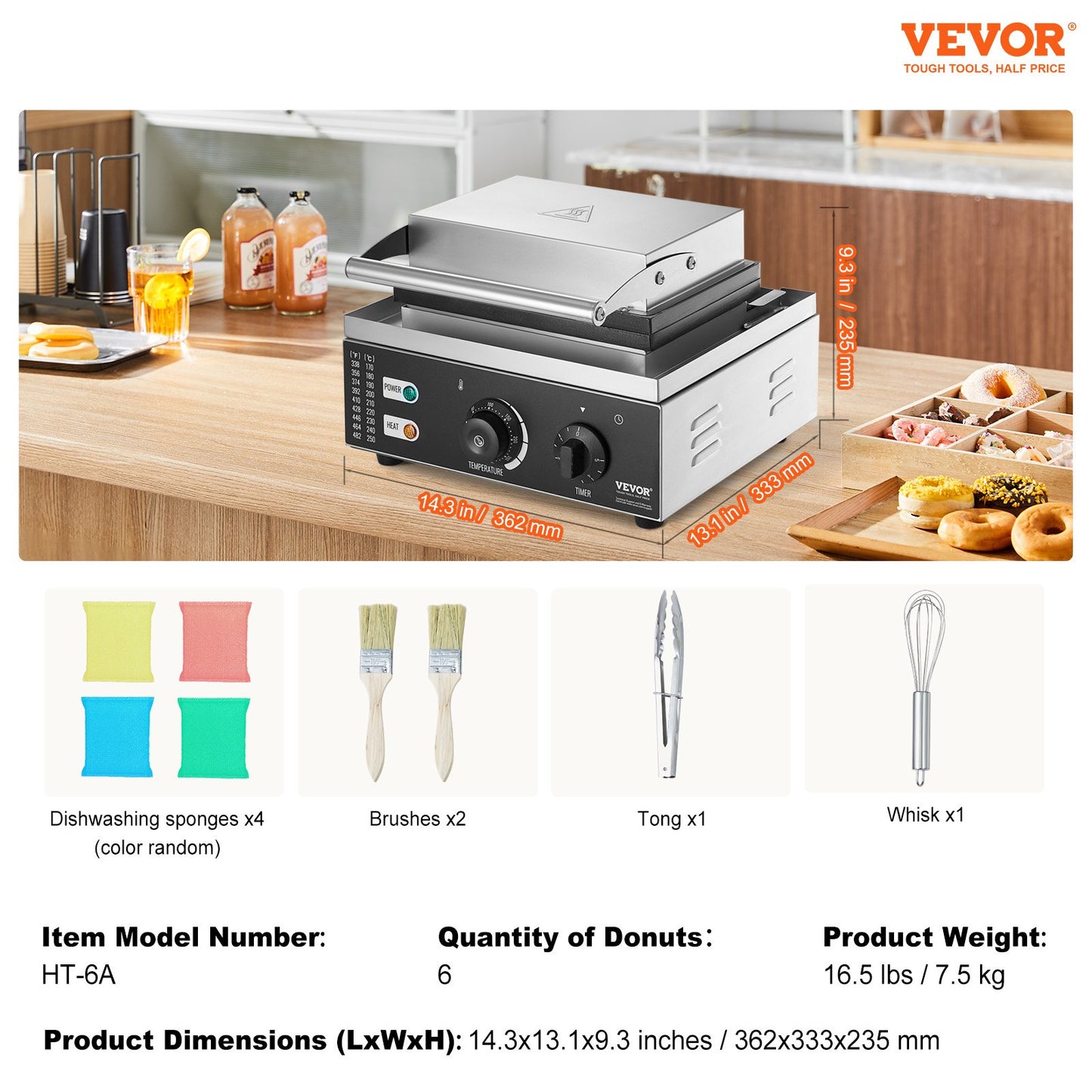 Elektrisk munkmaskin, 1550 W kommersiell munkmaskin med non-stick yta, 6 hål dubbelsidig uppvärmningsvåffelmaskin gör 6 munkar, temperatur 50-300 ℃, för restaurang och hemmabruk