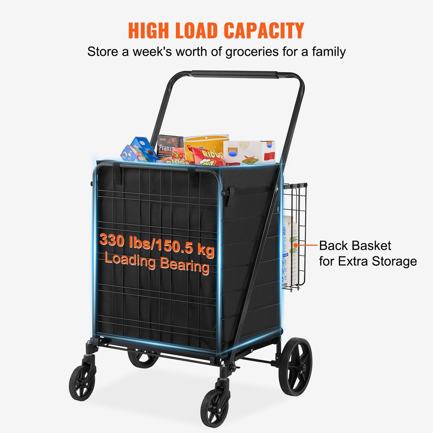 Folding Shopping Cart med avtagbart vattentätt foder, 330 LBS Jumbo livsmedelsbutik med stor kapacitet med dubbel korg, 360° svängbara hjul, tät metallnätbas, Heavy Duty Utility Cart för shopping