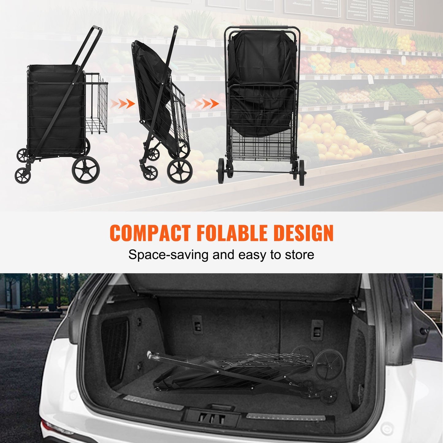 Folding Shopping Cart med avtagbart vattentätt foder, 330 LBS Jumbo livsmedelsbutik med stor kapacitet med dubbel korg, 360° svängbara hjul, tät metallnätbas, Heavy Duty Utility Cart för shopping