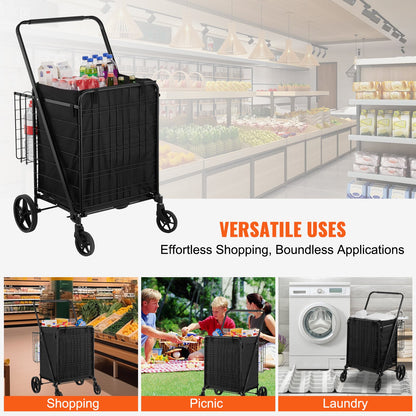 Folding Shopping Cart med avtagbart vattentätt foder, 330 LBS Jumbo livsmedelsbutik med stor kapacitet med dubbel korg, 360° svängbara hjul, tät metallnätbas, Heavy Duty Utility Cart för shopping