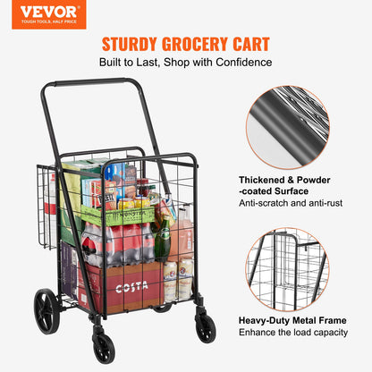 Folding Shopping Cart, Jumbo Grocery Cart with Dual Baskets, 360° Swivel Wheels, Heavy Duty Utility Cart, 110 LBS Large Capacity Utility Cart for Laundry, Shopping, Groceries, Luggage
