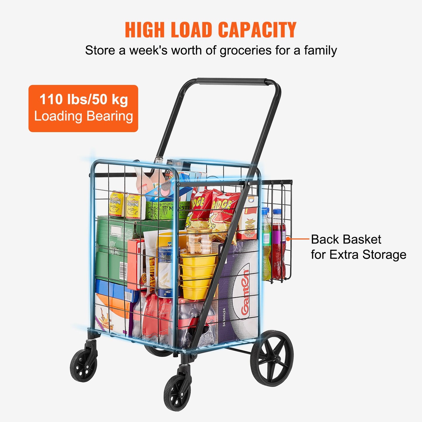 Folding Shopping Cart, Jumbo Grocery Cart with Dual Baskets, 360° Swivel Wheels, Heavy Duty Utility Cart, 110 LBS Large Capacity Utility Cart for Laundry, Shopping, Groceries, Luggage