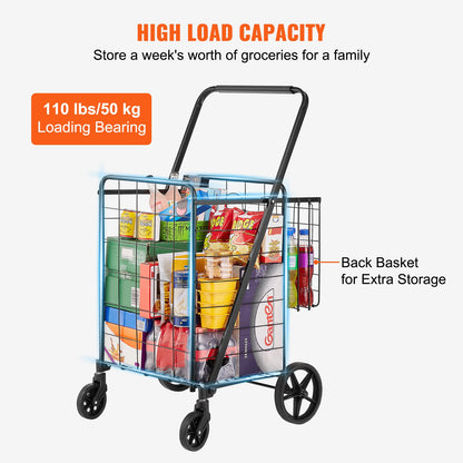 Folding Shopping Cart, Jumbo Grocery Cart with Dual Baskets, 360° Swivel Wheels, Heavy Duty Utility Cart, 110 LBS Large Capacity Utility Cart for Laundry, Shopping, Groceries, Luggage