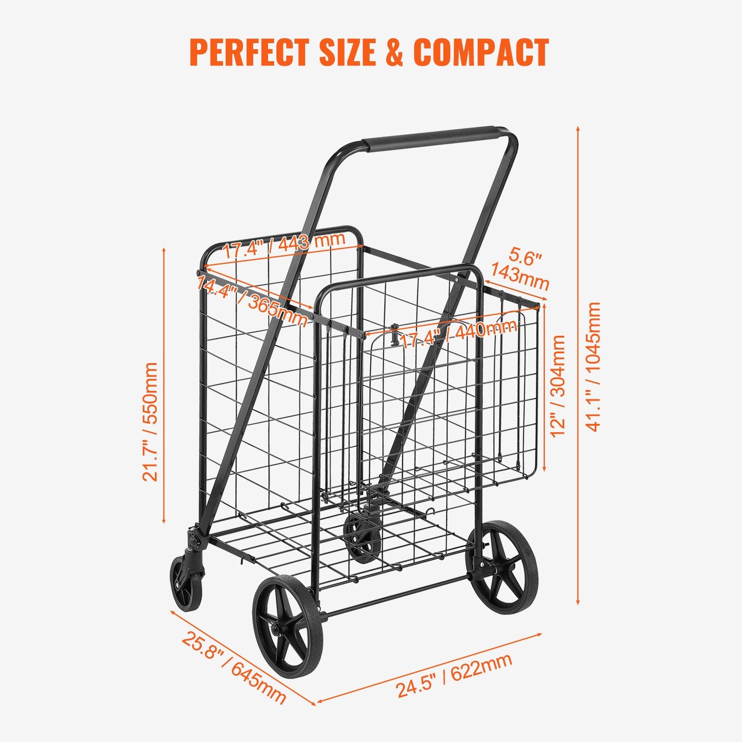 Folding Shopping Cart, Jumbo Grocery Cart with Dual Baskets, 360° Swivel Wheels, Heavy Duty Utility Cart, 110 LBS Large Capacity Utility Cart for Laundry, Shopping, Groceries, Luggage