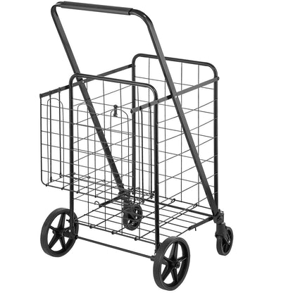 Folding Shopping Cart, Jumbo Grocery Cart with Dual Baskets, 360° Swivel Wheels, Heavy Duty Utility Cart, 110 LBS Large Capacity Utility Cart for Laundry, Shopping, Groceries, Luggage