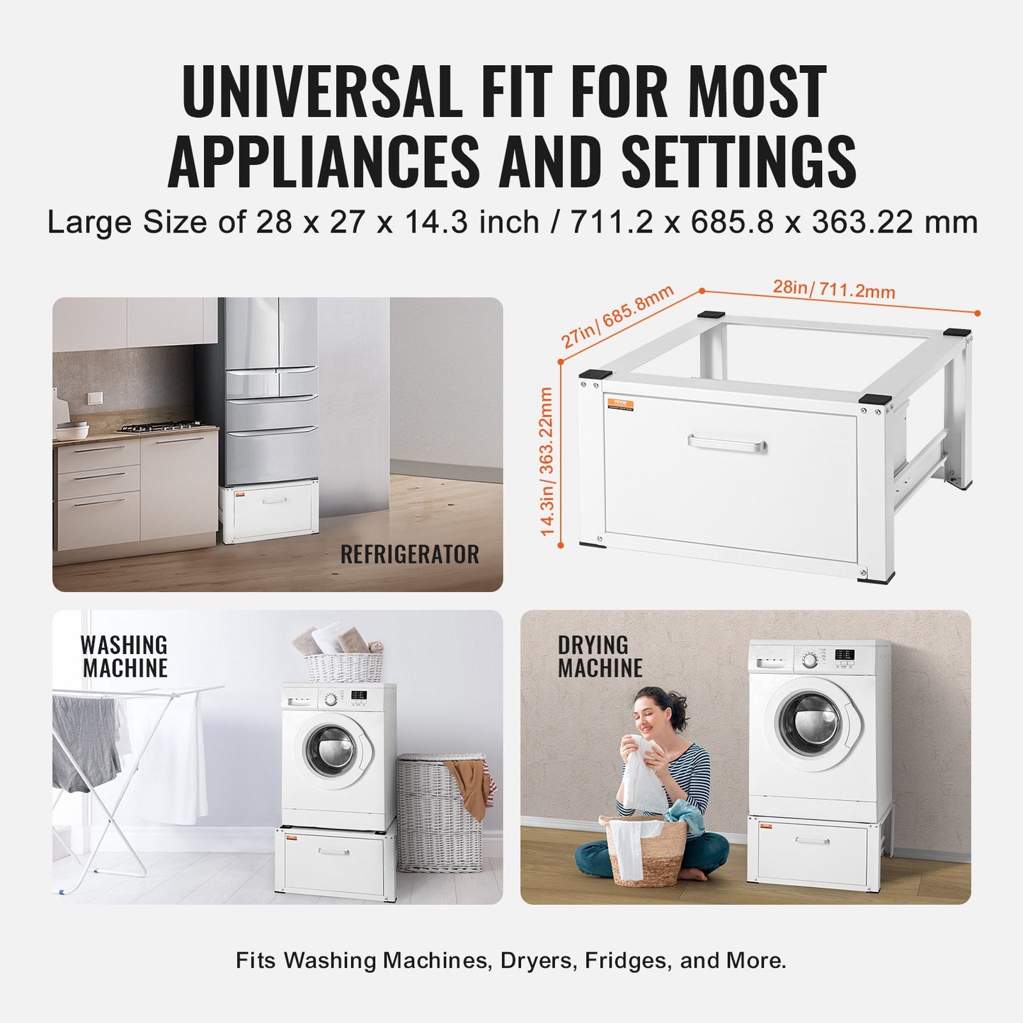 Laundry Stand 686mmW x 366mmH, Washer and Dryer Base Stand Platform Universal Fit 299kg Capacity, Heavy Duty Multifunctional Base for Washing Machine with Drawer and Rich Accessories