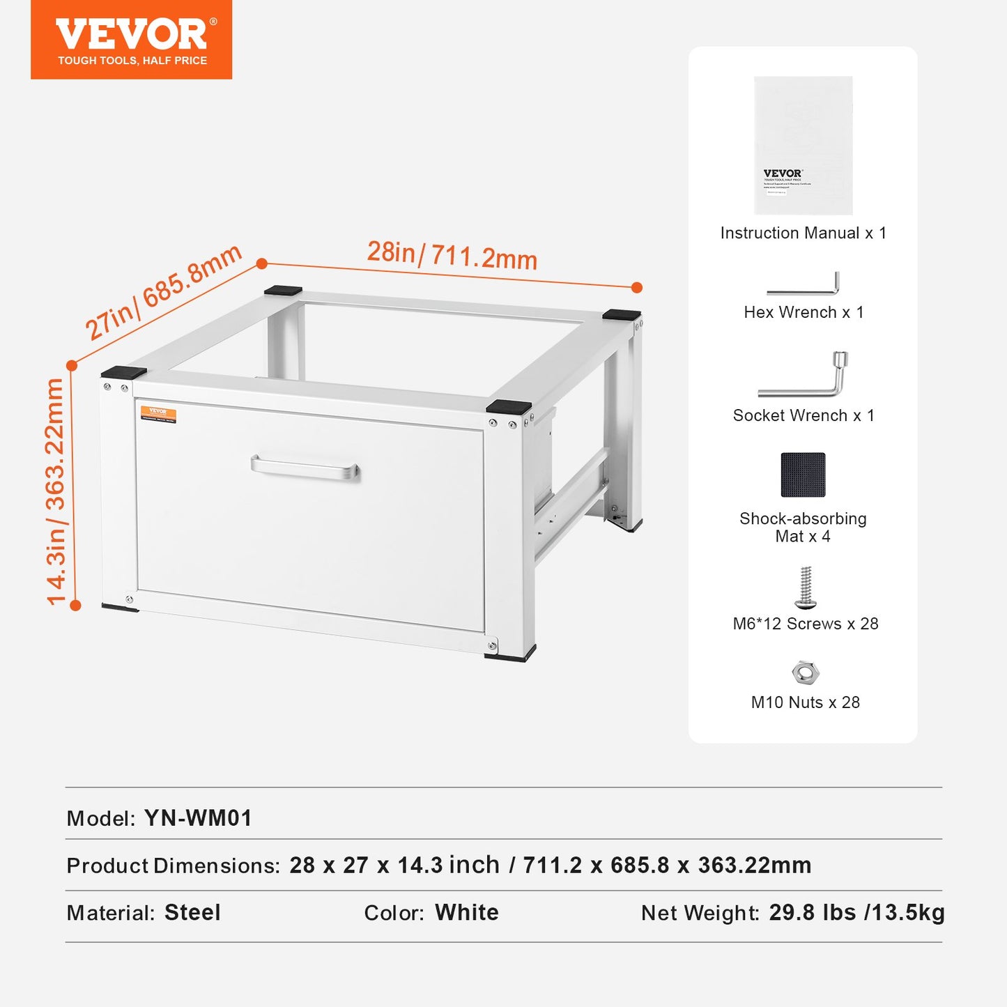 Laundry Stand 686mmW x 366mmH, Washer and Dryer Base Stand Platform Universal Fit 299kg Capacity, Heavy Duty Multifunctional Base for Washing Machine with Drawer and Rich Accessories