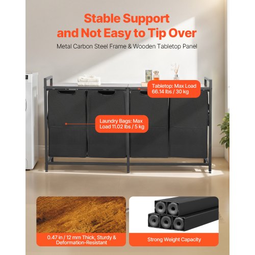 4-section laundry sorter with pull-out bags, metal frame and wooden table top | EU