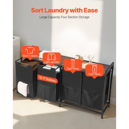 4-section laundry sorter with pull-out bags, metal frame and wooden table top | EU