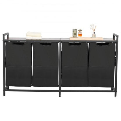 4-section laundry sorter with pull-out bags, metal frame and wooden table top | EU