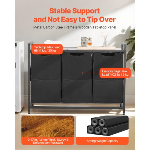 3-section laundry sorter with pull-out bags, metal frame and wooden table top | EU