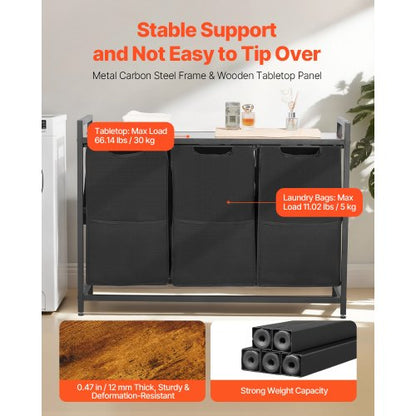 3-section laundry sorter with pull-out bags, metal frame and wooden table top | EU