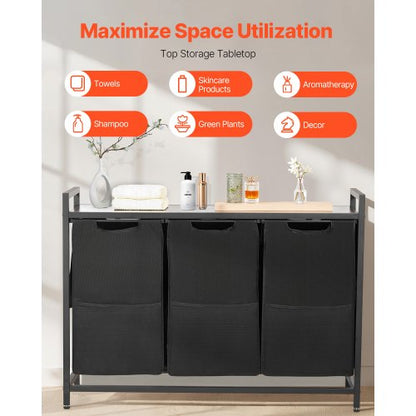 3-section laundry sorter with pull-out bags, metal frame and wooden table top | EU