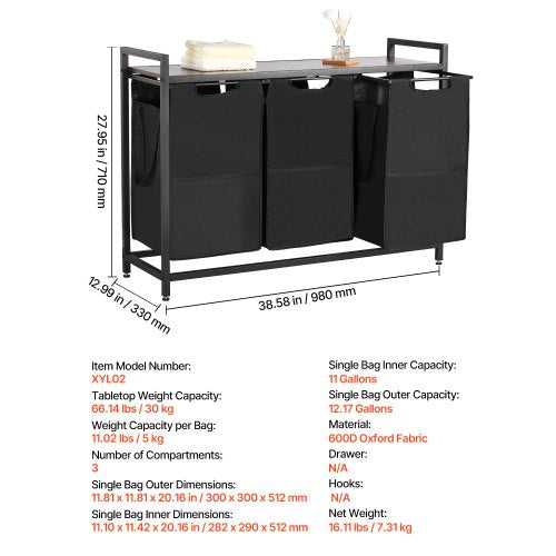 3-section laundry sorter with pull-out bags, metal frame and wooden table top | EU
