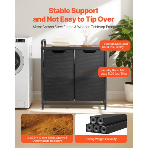 2-section laundry sorter with pull-out bags, metal frame and wooden table top | EU