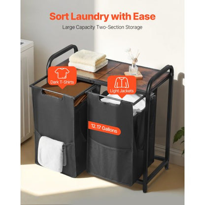 2-section laundry sorter with pull-out bags, metal frame and wooden table top | EU