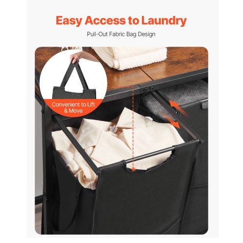 2-section laundry sorter with pull-out bags, metal frame and wooden table top | EU