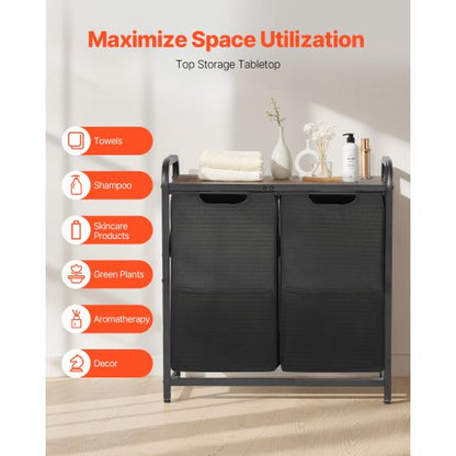 2-section laundry sorter with pull-out bags, metal frame and wooden table top | EU