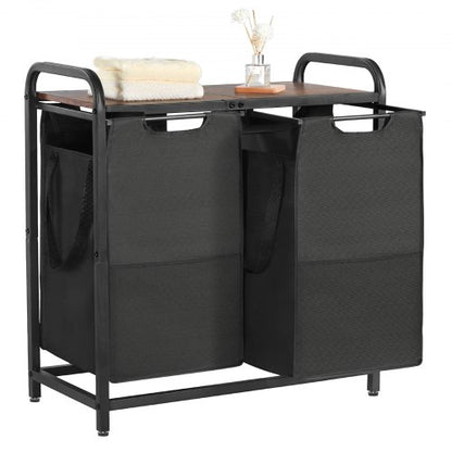 2-section laundry sorter with pull-out bags, metal frame and wooden table top | EU