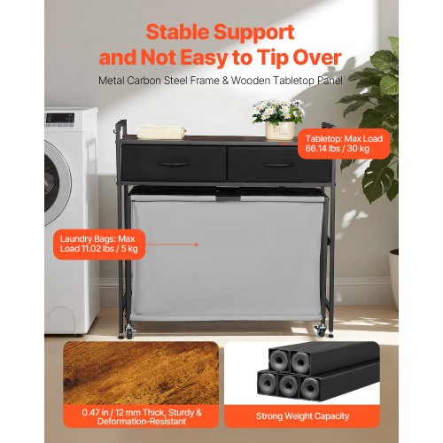 3-section laundry basket with rolling drawers, hooks and wheels | EU