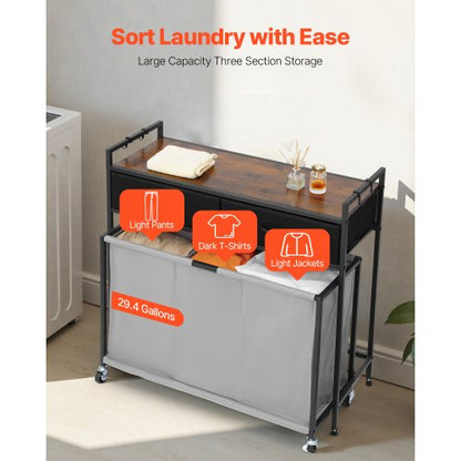 3-section laundry basket with rolling drawers, hooks and wheels | EU