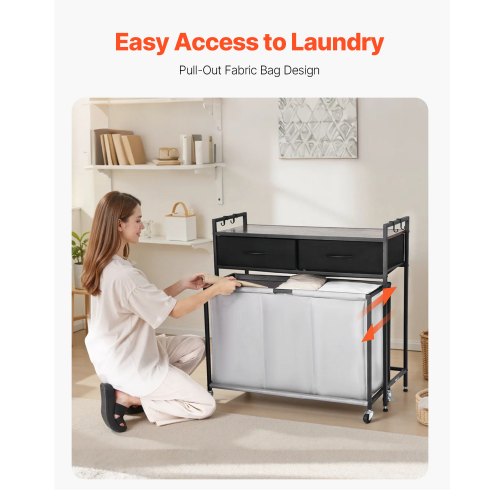 3-section laundry basket with rolling drawers, hooks and wheels | EU