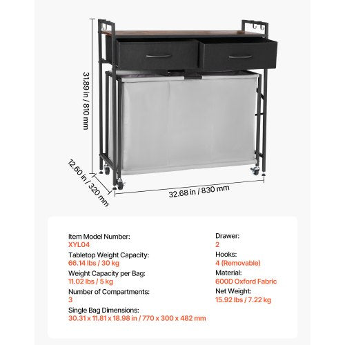 3-section laundry basket with rolling drawers, hooks and wheels | EU