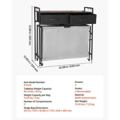 3-section laundry basket with rolling drawers, hooks and wheels | EU