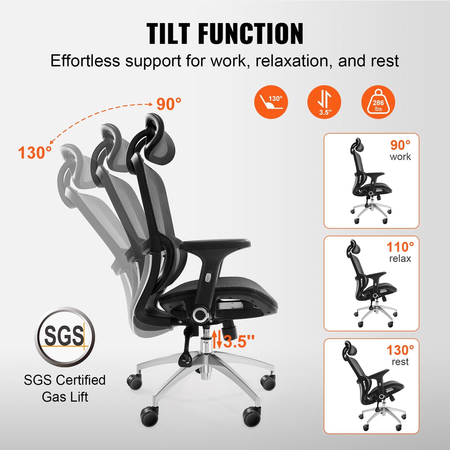 Mesh office chair, adjustable desk chair with high back and mesh seat, angle and height adjustable home office chair with lumbar and head support, swivel computer task chair