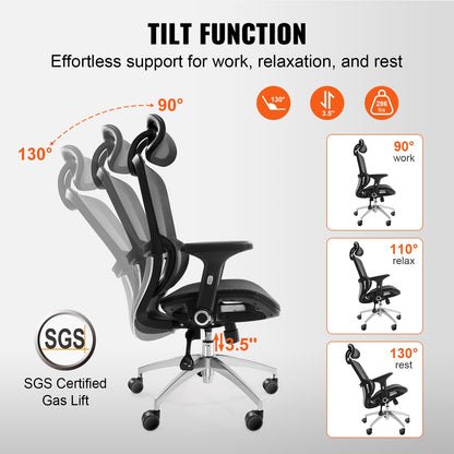 Mesh office chair, adjustable desk chair with high back and mesh seat, angle and height adjustable home office chair with lumbar and head support, swivel computer task chair