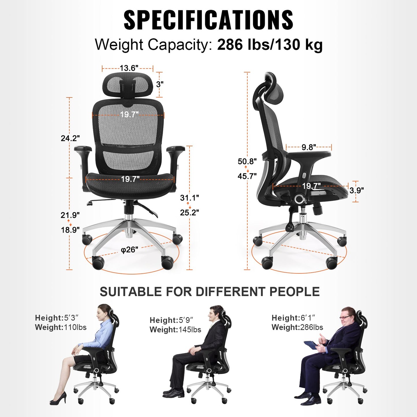 Mesh office chair, adjustable desk chair with high back and mesh seat, angle and height adjustable home office chair with lumbar and head support, swivel computer task chair