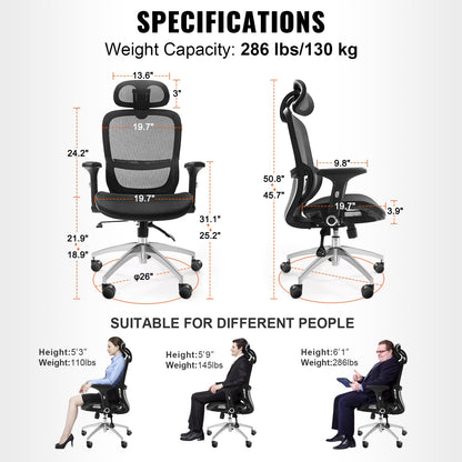 Mesh office chair, adjustable desk chair with high back and mesh seat, angle and height adjustable home office chair with lumbar and head support, swivel computer task chair