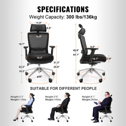 Ergonomisk kontorsstol med skjutsits, skrivbordsstol med nätsits, vinkel- och höjdjusterbar hemmakontorsstol med rygg- och svankstöd, vridbar datorstol