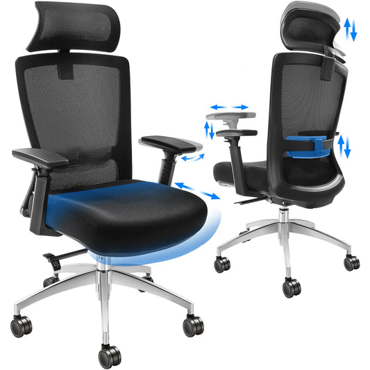 Ergonomisk kontorsstol med skjutsits, skrivbordsstol med nätsits, vinkel- och höjdjusterbar hemmakontorsstol med rygg- och svankstöd, vridbar datorstol