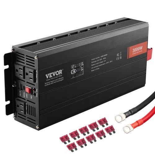 Modified Sine Wave Inverter, 3000Watt, DC 12V to AC 120V LCD Display Power Inverter with 3 AC Outlets 2 USB Port 1 Type-C Port 10 Spare Fuses, for Large Household Equipment, CE FCC Certified
