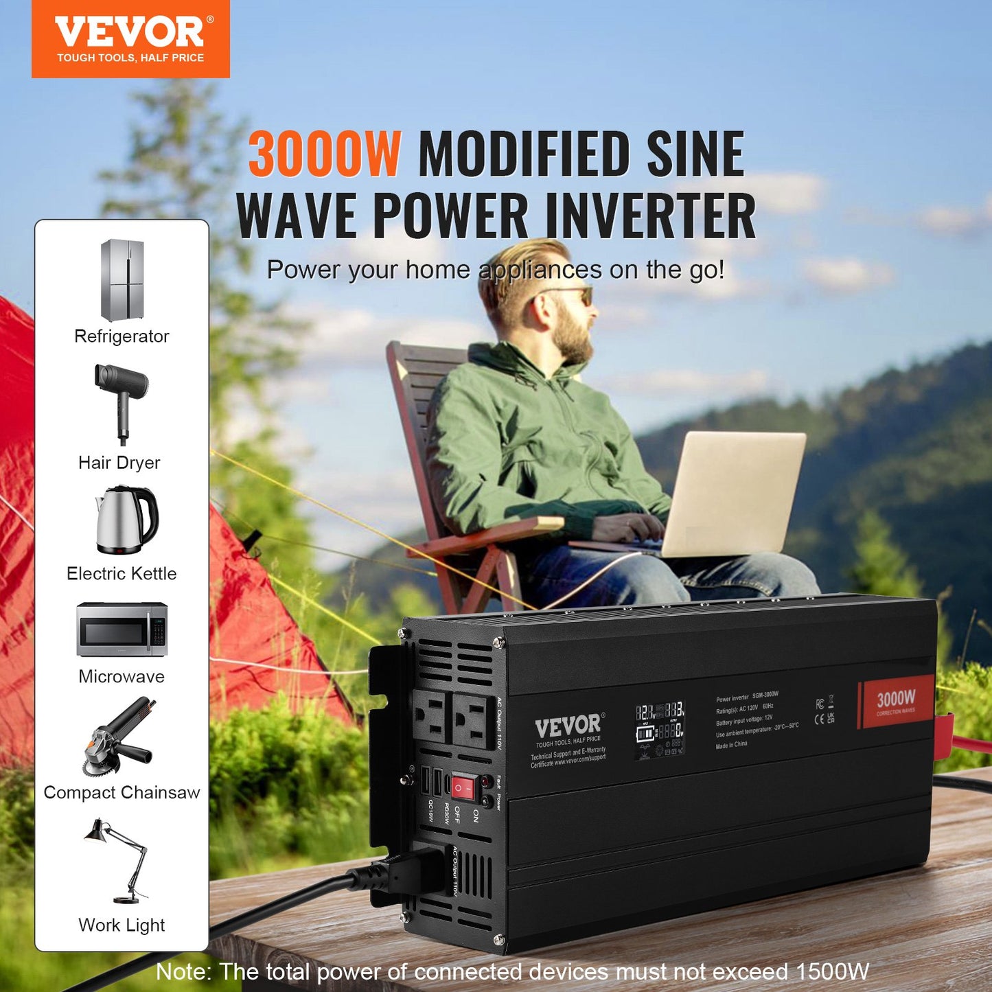 Modifierad Sine Wave Power Inverter 3000W DC12V till AC230V LCD-skärm CE FCC