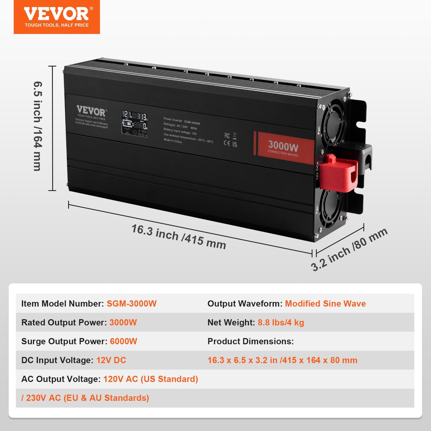 Modifierad Sine Wave Power Inverter 3000W DC12V till AC230V LCD-skärm CE FCC