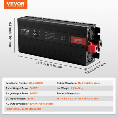 Modifierad Sine Wave Power Inverter 3000W DC12V till AC230V LCD-skärm CE FCC