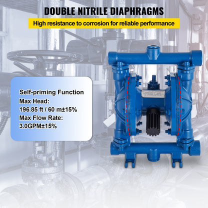 Air-operated double diaphragm pump, 1/2 inlet and outlet, cast iron body, 3 GPM &amp; Max 90 PSI, nitrile diaphragm pneumatic transfer pump for petroleum, diesel, oil and low viscosity fluids