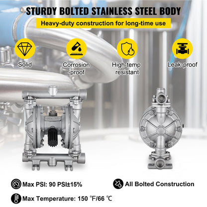 Luftdriven dubbelmembranpump, 1/2 inlopp och utlopp, kropp i rostfritt stål, 3 GPM & Max 90PSI, PTFE-membran pneumatisk överföringspump för petroleum, diesel, olja och lågviskösa vätskor