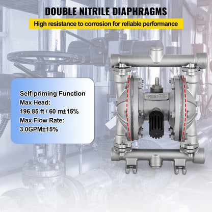 Luftdriven dubbelmembranpump, 1/2 inlopp och utlopp, kropp i rostfritt stål, 3 GPM & Max 90PSI, PTFE-membran pneumatisk överföringspump för petroleum, diesel, olja och lågviskösa vätskor