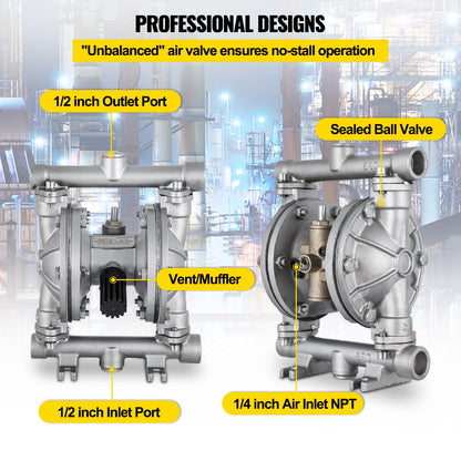 Luftdriven dubbelmembranpump, 1/2 inlopp och utlopp, kropp i rostfritt stål, 3 GPM & Max 90PSI, PTFE-membran pneumatisk överföringspump för petroleum, diesel, olja och lågviskösa vätskor