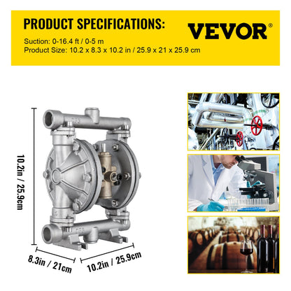 Luftdriven dubbelmembranpump, 1/2 inlopp och utlopp, kropp i rostfritt stål, 3 GPM & Max 90PSI, PTFE-membran pneumatisk överföringspump för petroleum, diesel, olja och lågviskösa vätskor