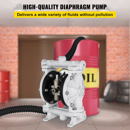Luftdriven dubbelmembranpump, 1/2 inlopp och utlopp, polypropenkropp, 2,5 GPM & Max 80PSI, PTFE-membran pneumatisk överföringspump för petroleum, diesel, olja och lågviskösa vätskor