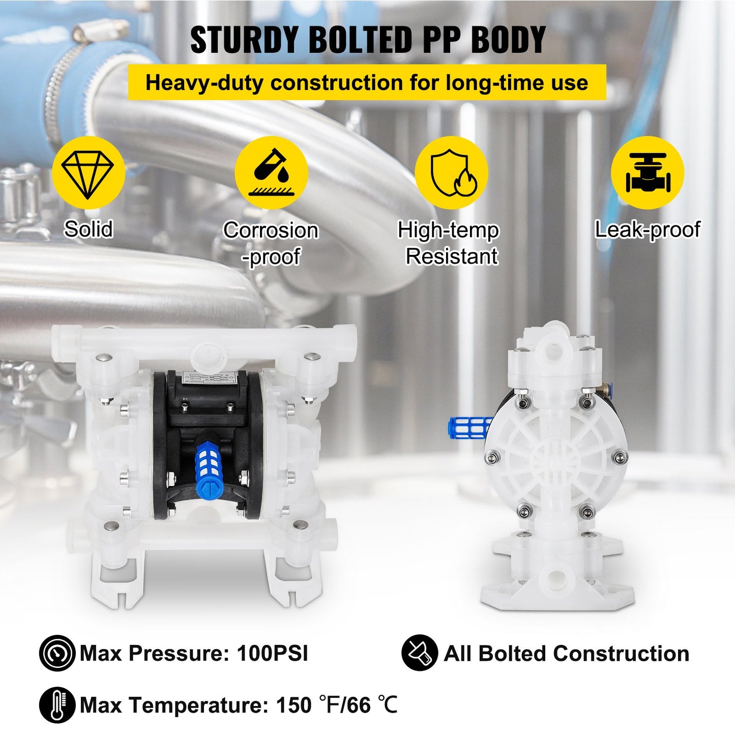 Air Double Diaphragm Pump 7GPM 100PSI Polypropylene Diaphragm Water Pump with 1/2 Inlet and Outlet Ports Air Pump Diaphragm 226.4ft Max Head Air Operated Diaphragm Pump with Sealed Ball Valve