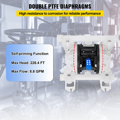 Air Double Diaphragm Pump 7GPM 100PSI Polypropylene Diaphragm Water Pump with 1/2 Inlet and Outlet Ports Air Pump Diaphragm 226.4ft Max Head Air Operated Diaphragm Pump with Sealed Ball Valve