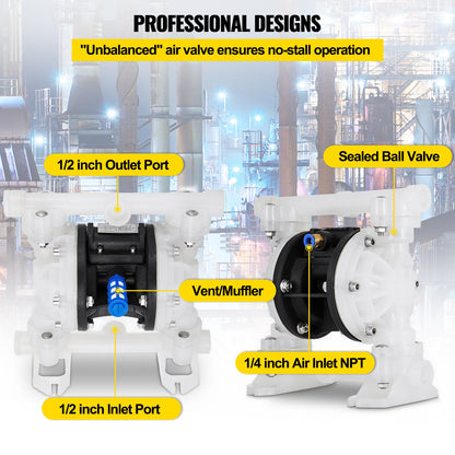 Air Double Diaphragm Pump 7GPM 100PSI Polypropylene Diaphragm Water Pump with 1/2 Inlet and Outlet Ports Air Pump Diaphragm 226.4ft Max Head Air Operated Diaphragm Pump with Sealed Ball Valve