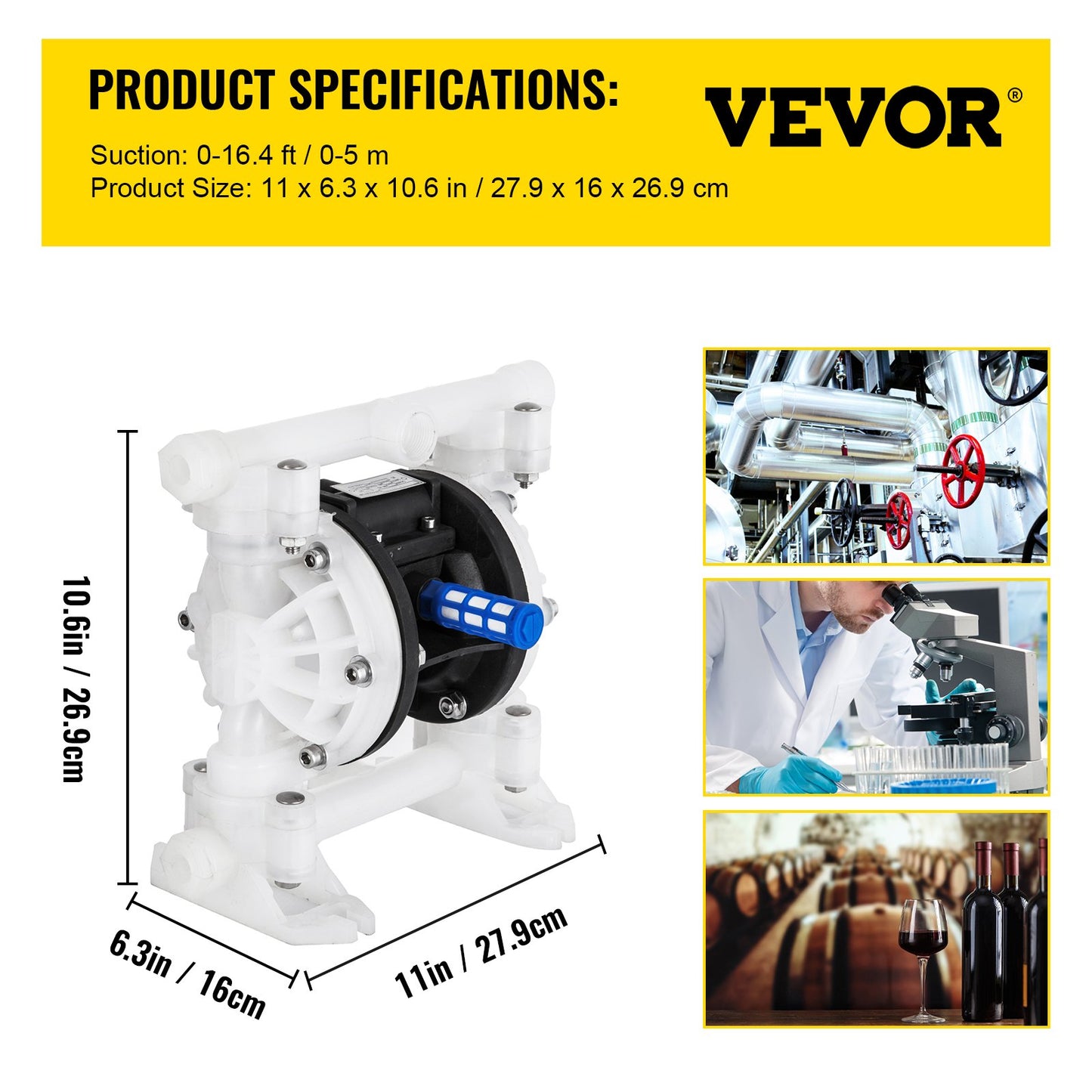 Air Double Diaphragm Pump 7GPM 100PSI Polypropylene Diaphragm Water Pump with 1/2 Inlet and Outlet Ports Air Pump Diaphragm 226.4ft Max Head Air Operated Diaphragm Pump with Sealed Ball Valve